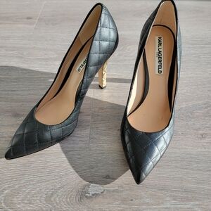 Karl Lagerfeld quilted leather black gold heels 8.5
